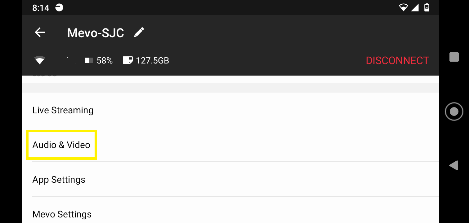Audio & Video Settings menu