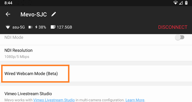 Mevo Settings Menu - Wired Webcam Mode