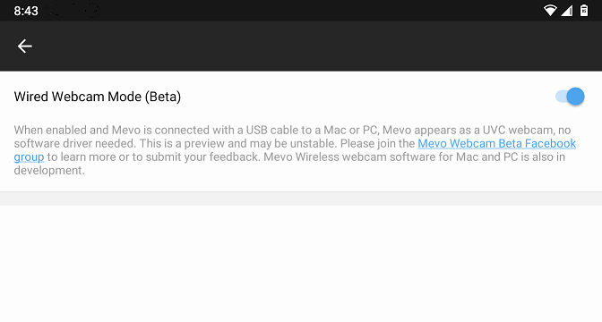 Wired Webcam Mode enabled