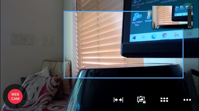 Mevo app screen with Webcam mode enabled