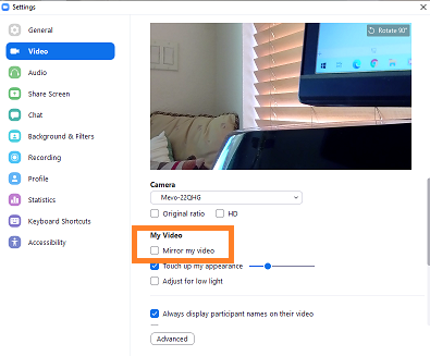 Adjusting Zoom video settings
